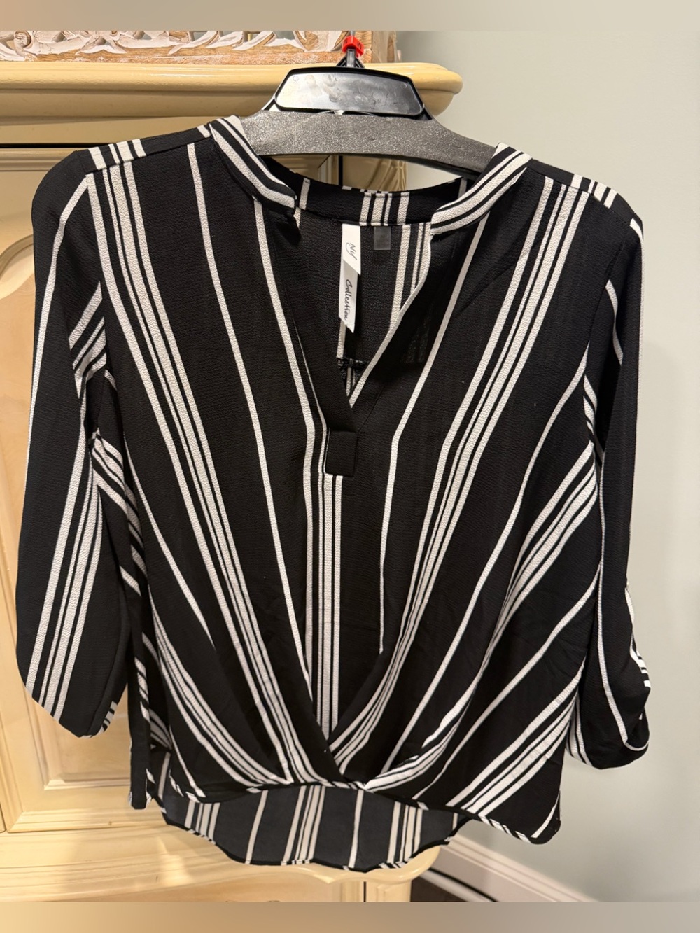 Women's Black & White Striped V-Neck Blouse
